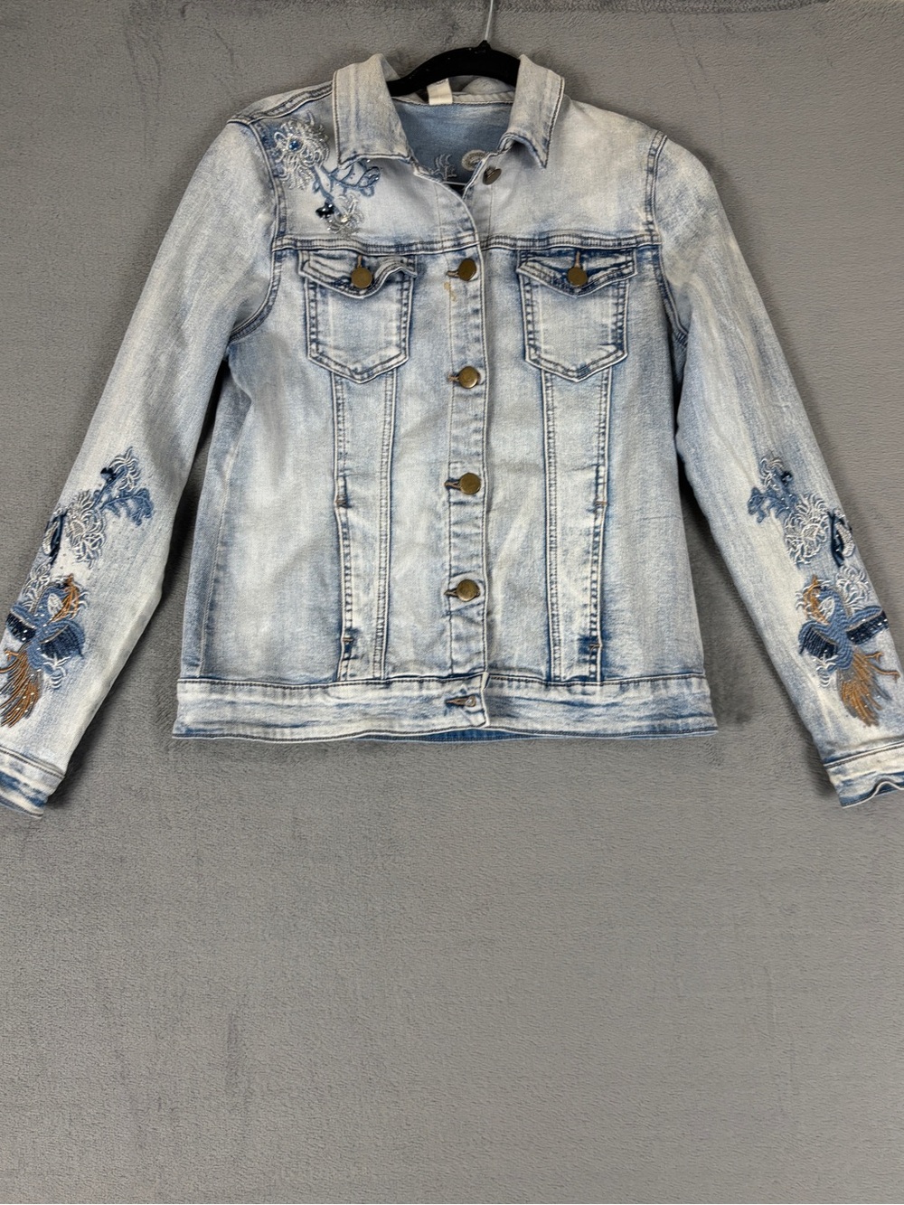Tempo Paris Light Wash Denim Jacket with Blue & Brown Floral Embroidery